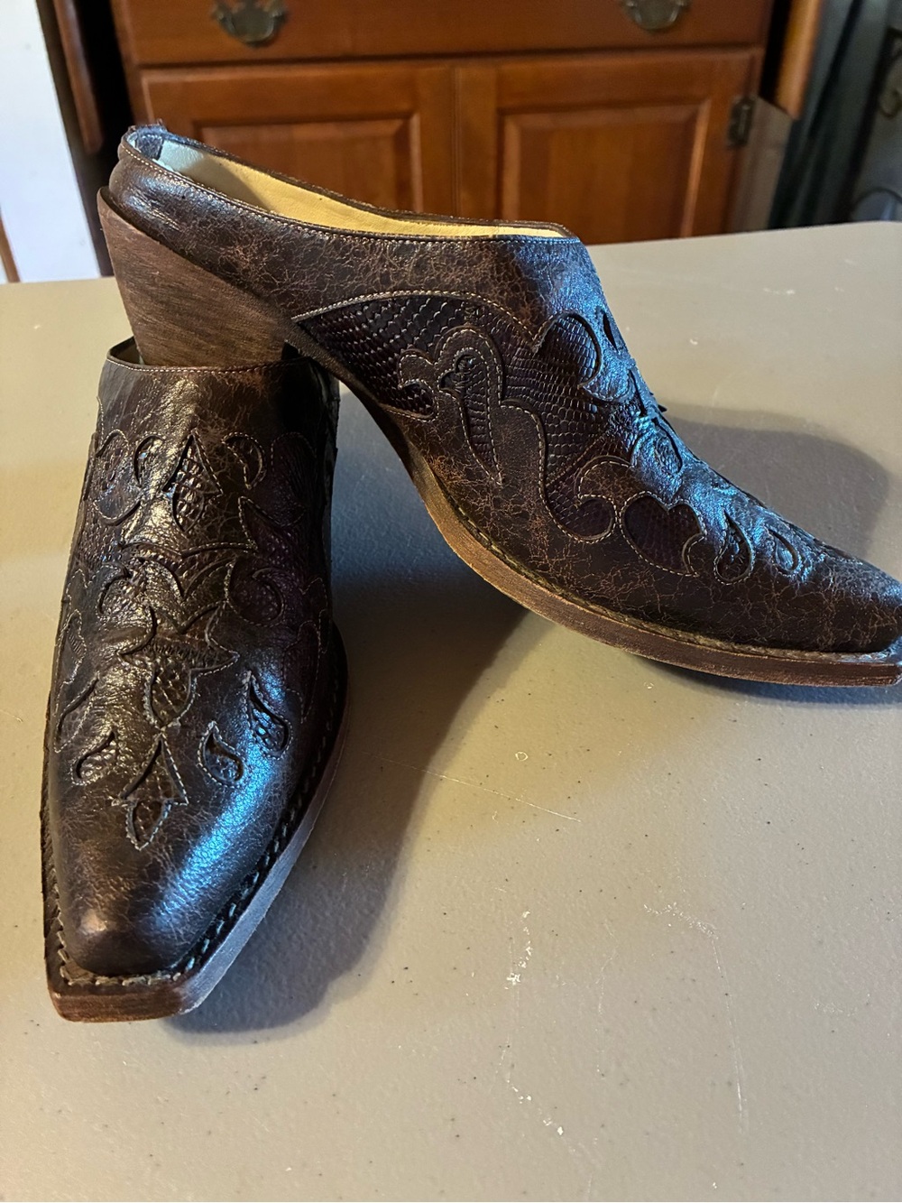 Corral Dark Brown Inlay Leather Mules